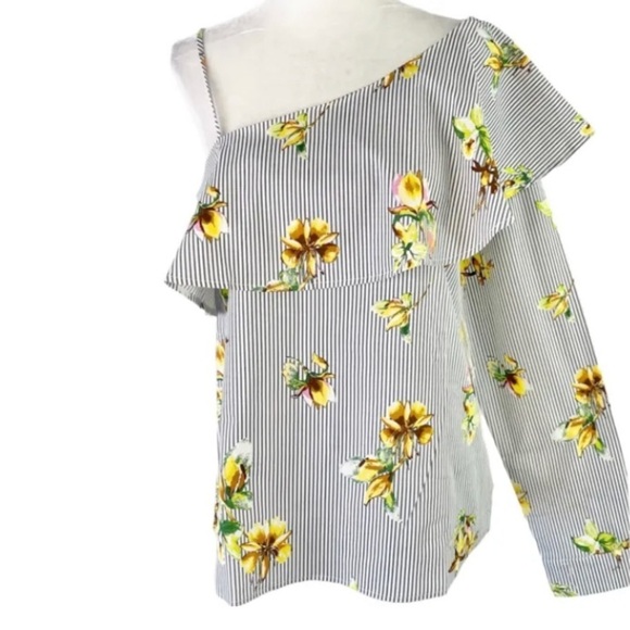 Lumiere Tops - Lumière Floral Striped One Shoulder Long Sleeve Shirt Grey Multi Size S